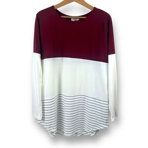 Sherosa Women's XL Long Sleeve Colorblock Tunic‎ Maroon Ivory Stripe Lace Inset